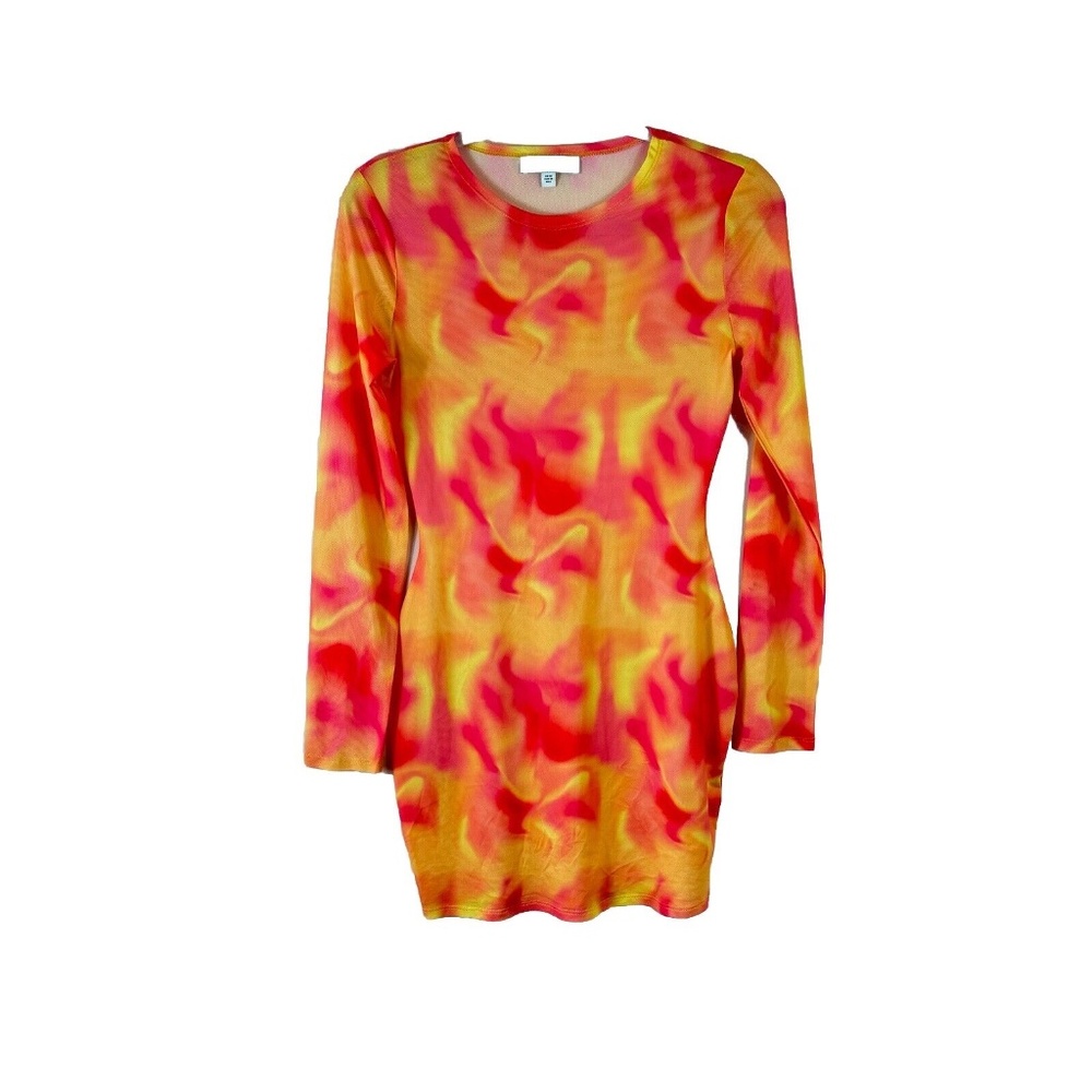 SIMMI LONDON womens 6 pink yellow tie dye long sleeve mesh sheer bodycon dress